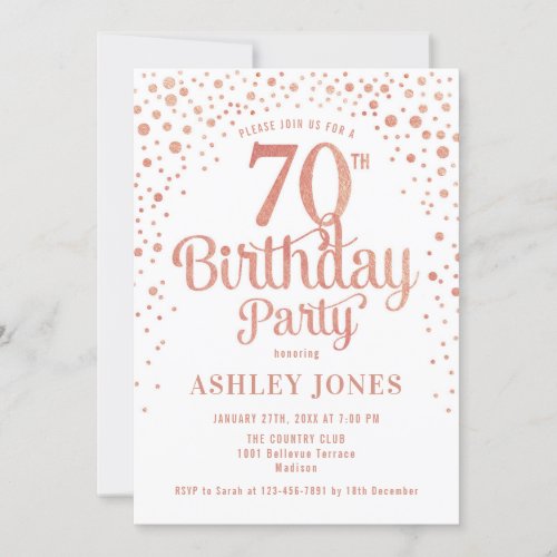 70th Birthday Party _ White  Rose Gold Invitation