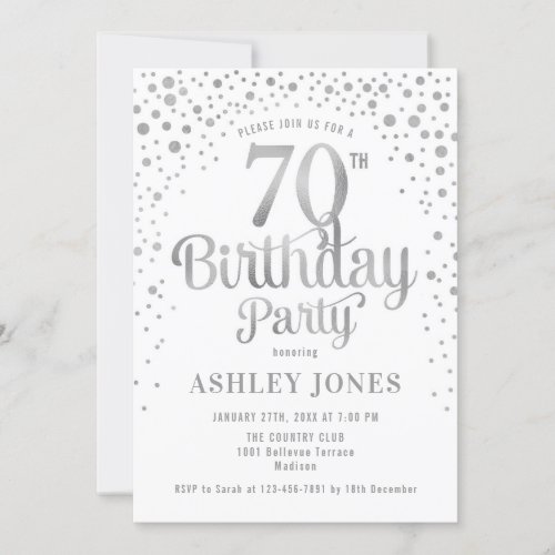 70th Birthday Party _ White  Silver Invitation