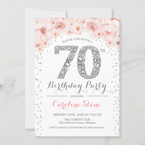 70th Birthday Party _ White Silver Pink Invitation