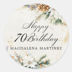 70th Birthday Party White Winter Floral Custom Classic Round Sticker