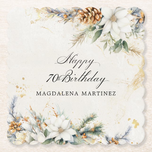 70th Birthday Party White Winter Floral Custom Paper Coaster (Front)