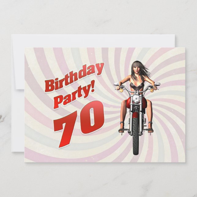 70th birthday party with a girl on a motorbike invitation (Front)
