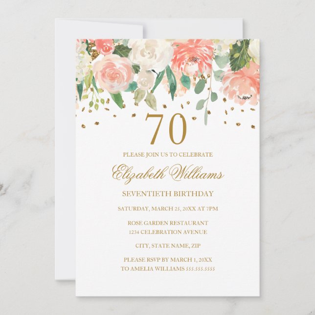 70th Birthday Peach Gold Floral Invitation (Front)