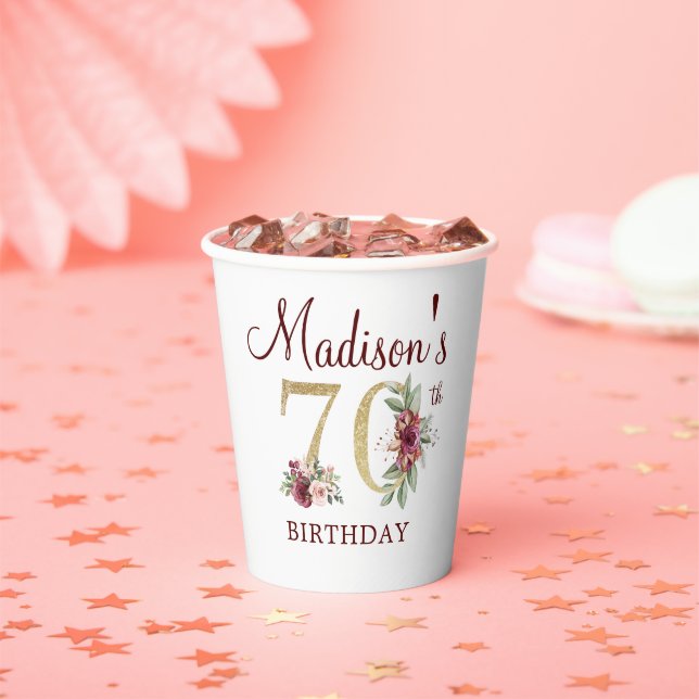 70th Birthday Personalized Burgundy Gold Floral Paper Cups (Insitu)