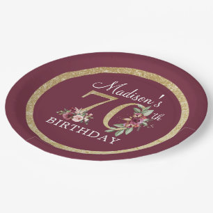 70th Birthday Personalized Burgundy Gold Paper Plates