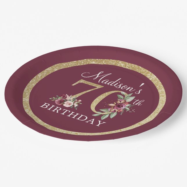 70th Birthday Personalized Burgundy Gold Paper Plates (Angled)