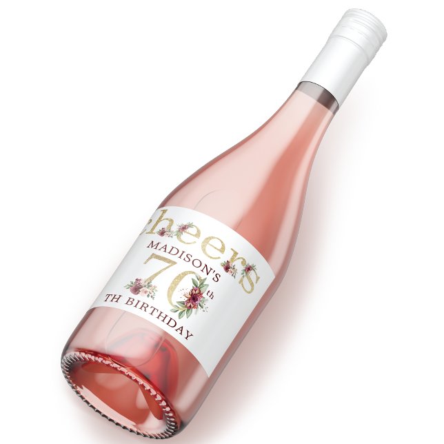 70th Birthday Personalized Gold Floral Sparkling Wine Label (Creator Uploaded)