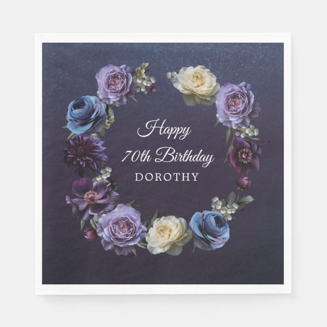 70th Birthday Personalized Moody Purple Flower Napkins (Front)