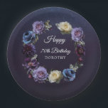 70th Birthday Personalized Moody Purple Flower Paper Plates<br><div class="desc">Moody and mysterious purple roses and peonies set the tone for this elegant 70th birthday party paper plate. White and blue flowers add a pop of color to the dark watercolor wreath. Happy 70th Birthday and the birthday celebrant's name is in the center. The bright white script gives it an...</div>