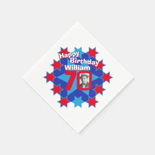 70th birthday photo and name red star napkins (Corner)