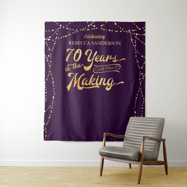 70th Birthday Photo Backdrop Purple and Gold (In Situ)