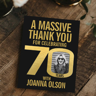 70th birthday photo black and gold thank you card