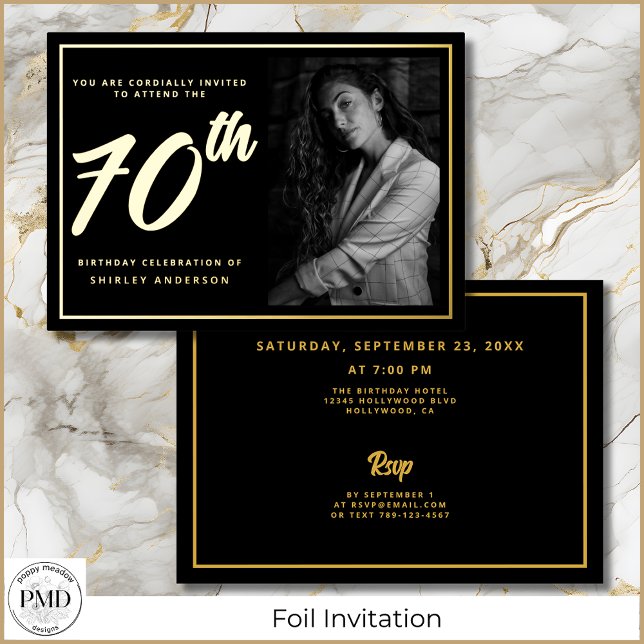 70th Birthday Photo Black Faux Gold Leaf Elegant  Foil Invitation (70th Birthday Elegant Photo Black and Gold Foil Invitation with Party Details on the Back.)