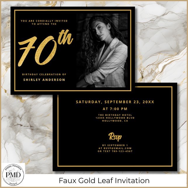 70th Birthday Photo Black Faux Gold Leaf Elegant  Invitation (70th Birthday Photo Black and Faux Gold Leaf Elegant Invitation with Party Details on the Back.)
