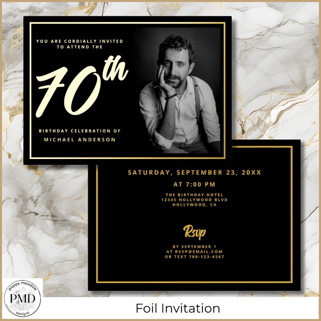 70th Birthday Photo Black Gold Elegant  Foil Invitation (70th Birthday Black and Gold Photo Invitation with Gold Foil, Party Details on the Back.)