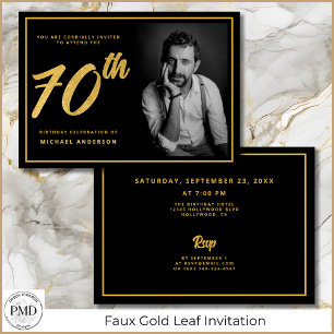 70th Birthday Photo Black Gold Elegant Invitation