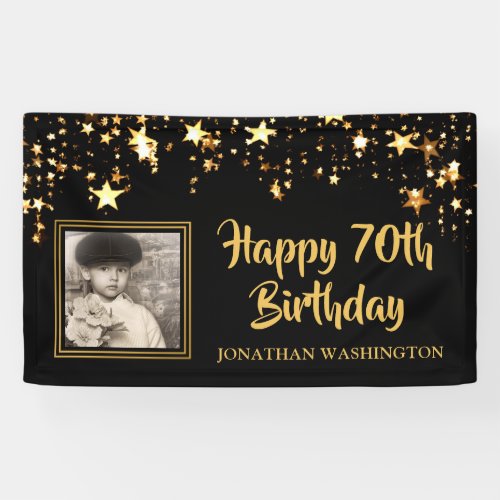 70th Birthday Photo Black Gold Stars Personalized Banner