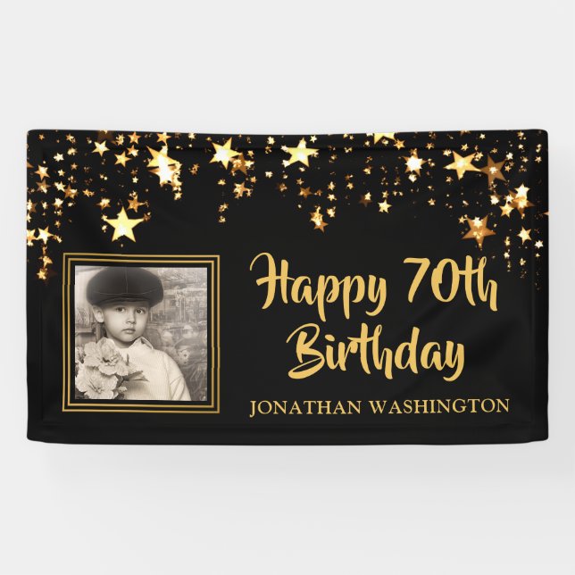 70th Birthday Photo Black Gold Stars Personalized Banner (Horizontal)