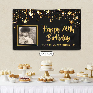 70th Birthday Photo Black Gold Stars Personalized Banner