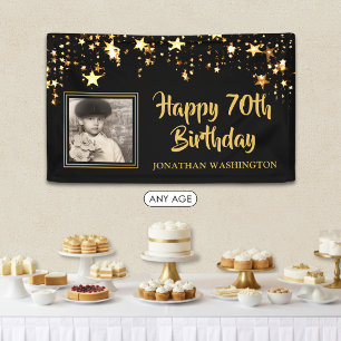70th Birthday Photo Black Gold Stars Personalized Banner