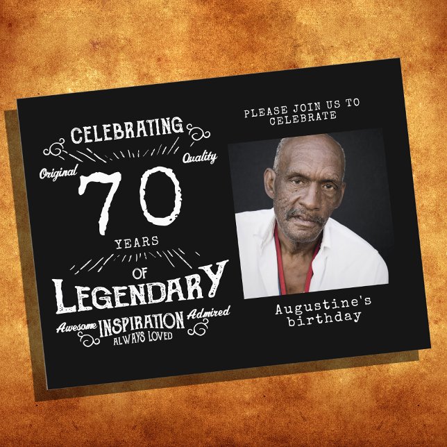 70th Birthday Photo Black Vintage Birthday Invites (Creator Uploaded)