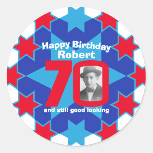 70th birthday photo blue white red star classic round sticker