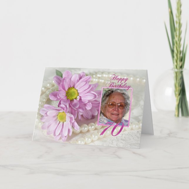 70th birthday photo card with daisies (Front)