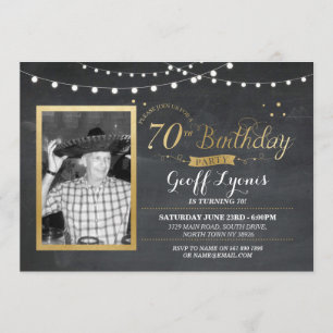 70th Birthday Photo Chalk Rustic Gold Invitation