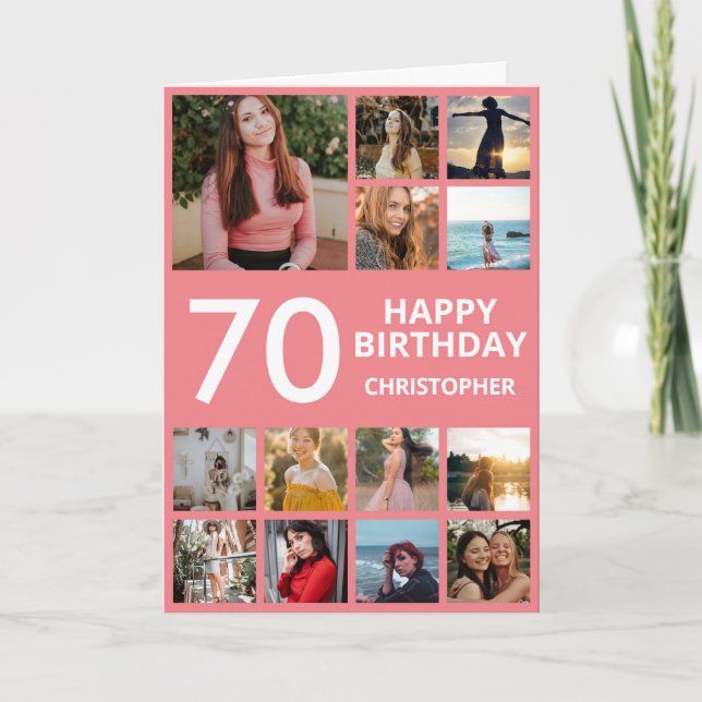 70th Birthday Photo Collage 13 Photos Pink & White Card (Front)