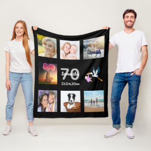 70th birthday photo collage black fleece blanket