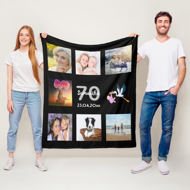 70th birthday photo collage black fleece blanket (In Situ)