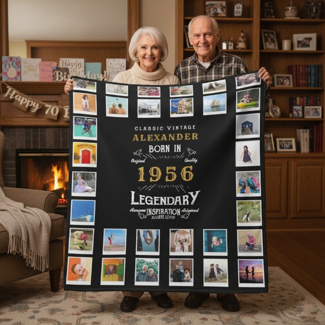 70th Birthday Photo Collage Father Grandfather Fleece Blanket (1956 fleece blanket photo collage held by elderly couple.)