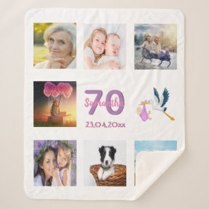 70th birthday photo collage on white sherpa blanket