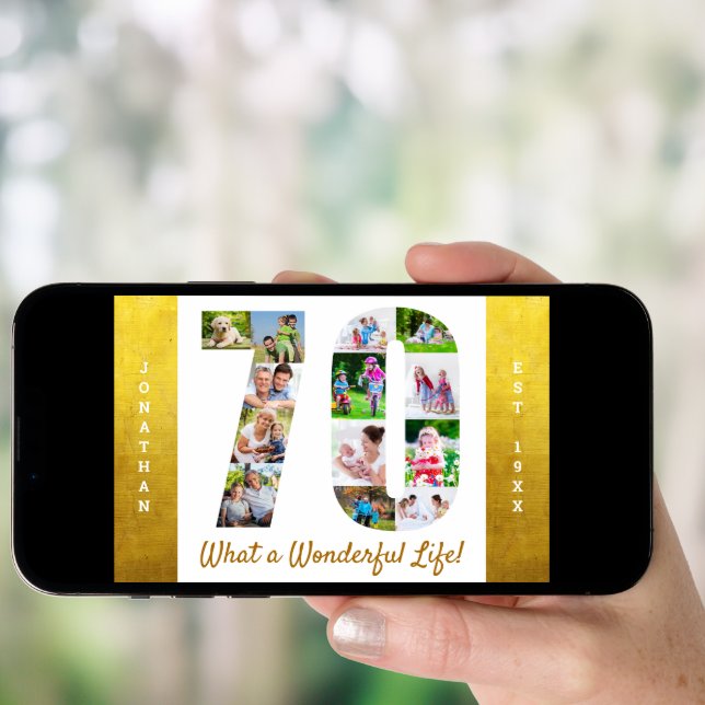 70th Birthday Photo Collage with Gold Borders Poster (Front Digital)