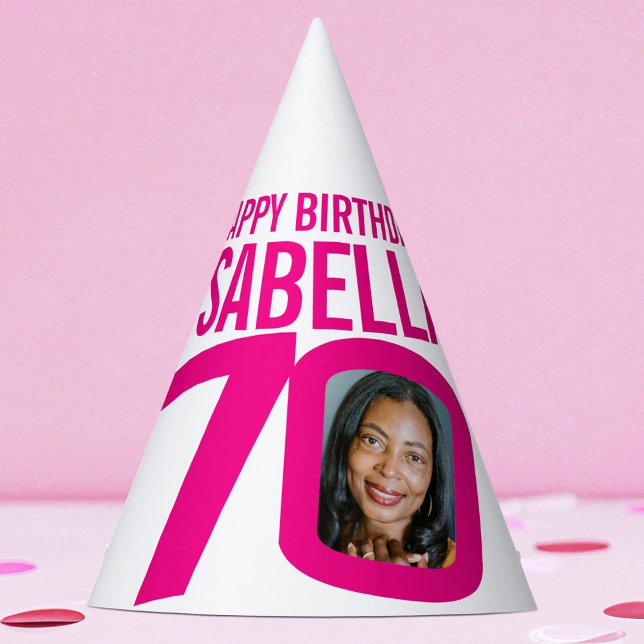 70th birthday photo custom photo pink white party hat (Creator Uploaded)