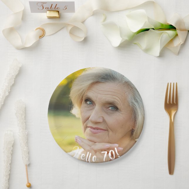 70th birthday photo hello 70  paper plates (Wedding)