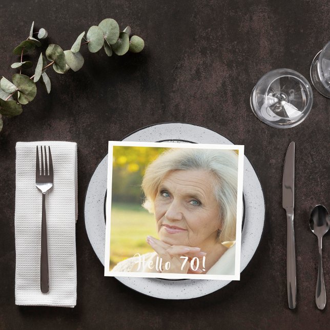 70th birthday photo hello 70 woman napkins (Creator Uploaded)