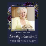 70th Birthday Photo Moody Purple Floral Welcome Poster<br><div class="desc">Moody and mysterious purple roses and peonies set the tone for this elegant 70th birthday welcome sign. White and blue flowers add a pop of color to the dark watercolor wreath. The white text really pops! Formal but with a modern twist for the woman who has always had a sense...</div>