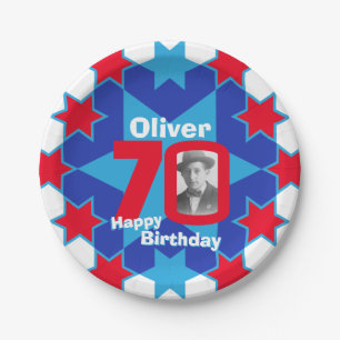 70th birthday photo name blue star paper plate