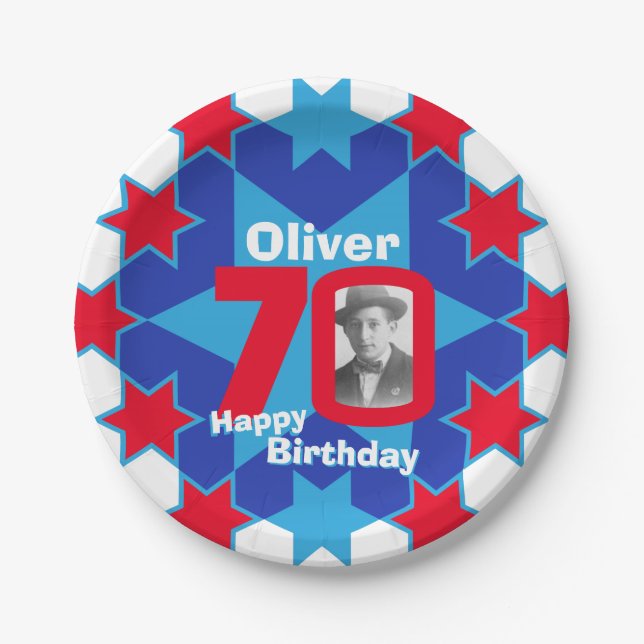 70th birthday photo name blue star paper plate (Front)