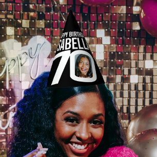 70th birthday photo personalized white black party hat