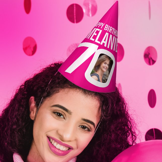 70th birthday photo personalized white hot pink party hat (Creator Uploaded)