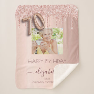 70th birthday photo rose gold glitter pink friends sherpa blanket