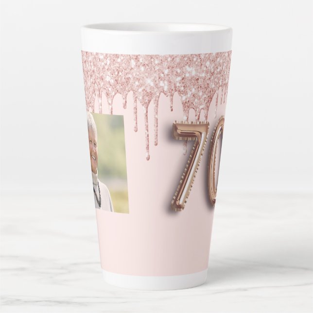 70th birthday photo rose gold pink drips latte mug (Front)