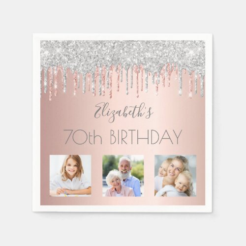 70th birthday photo silver glitter pink rose gold napkins