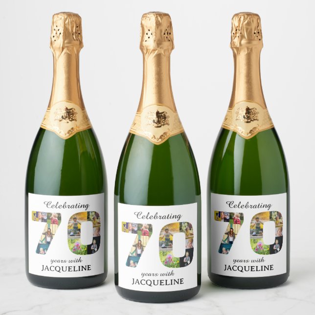 70th Birthday Photo Template White Sparkling Wine Label (Bottles)
