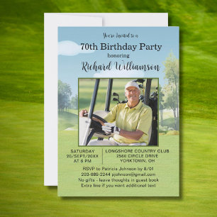70th Birthday Photo Watercolor Golf Theme Invitation