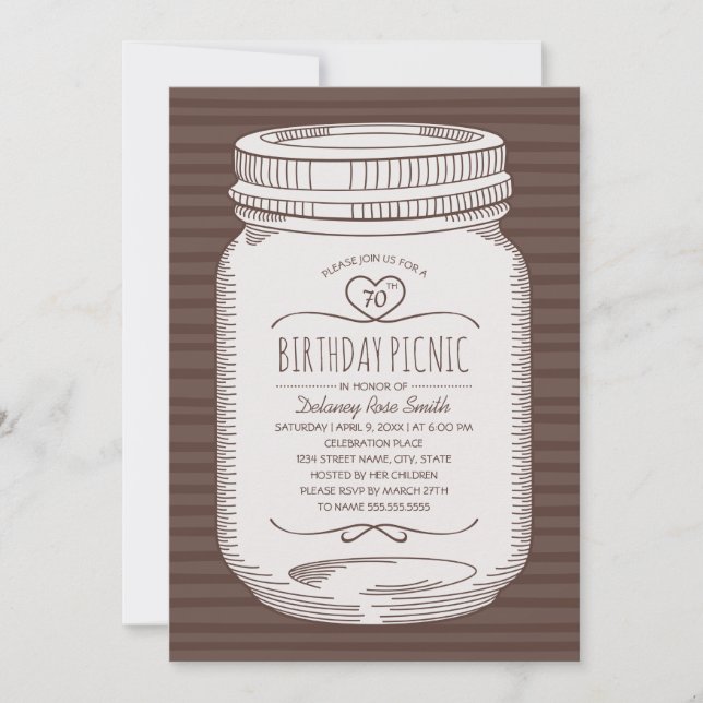70th Birthday Picnic Party Rustic Mason Jar Invitation (Front)