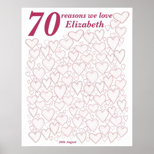 70th Birthday _ Pink 70 Reasons We Love You Gift Poster