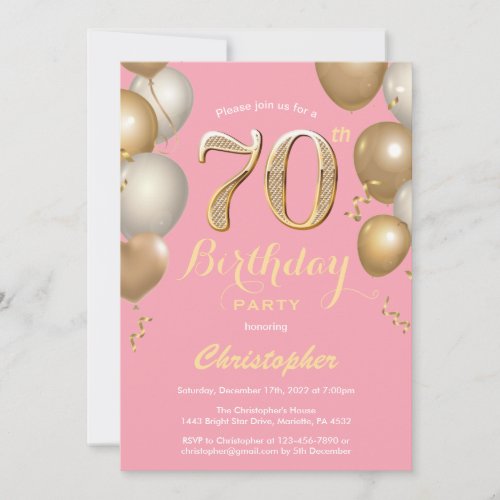 70th Birthday Pink and Gold Balloons Confetti Invitation